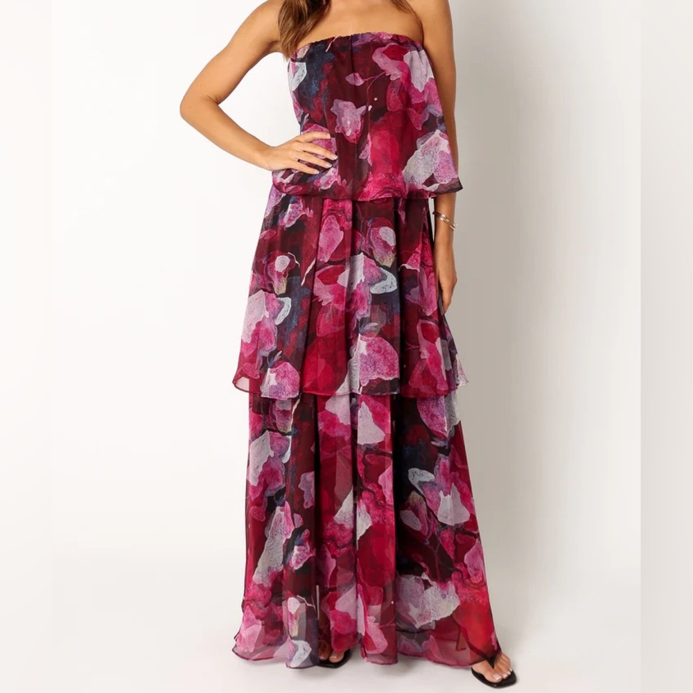 BLOOM STRAPLESS MAXI DRESS - PURPLE FLORAL - size large - NWT